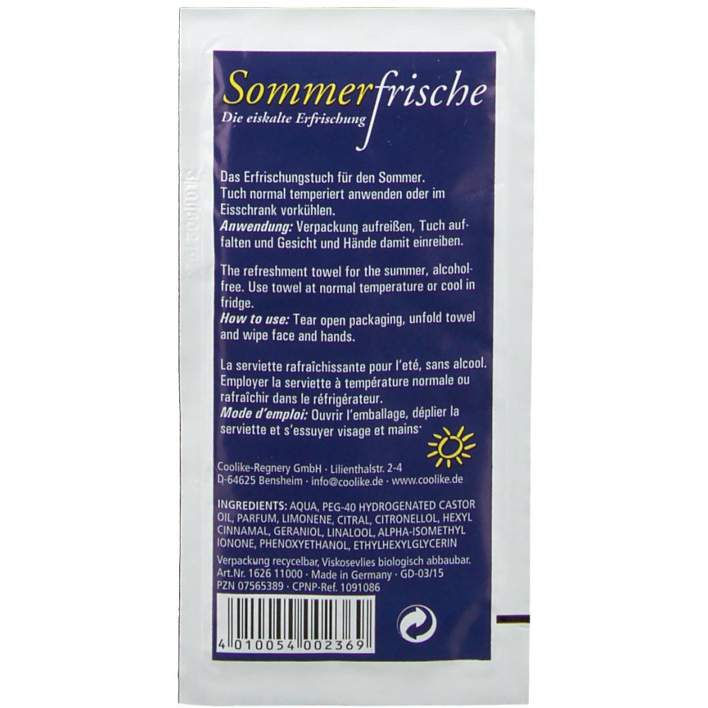 Dos de l'emballage Sommerfrische. Texte en allemand et anglais, ingrédients, informations fabricant.