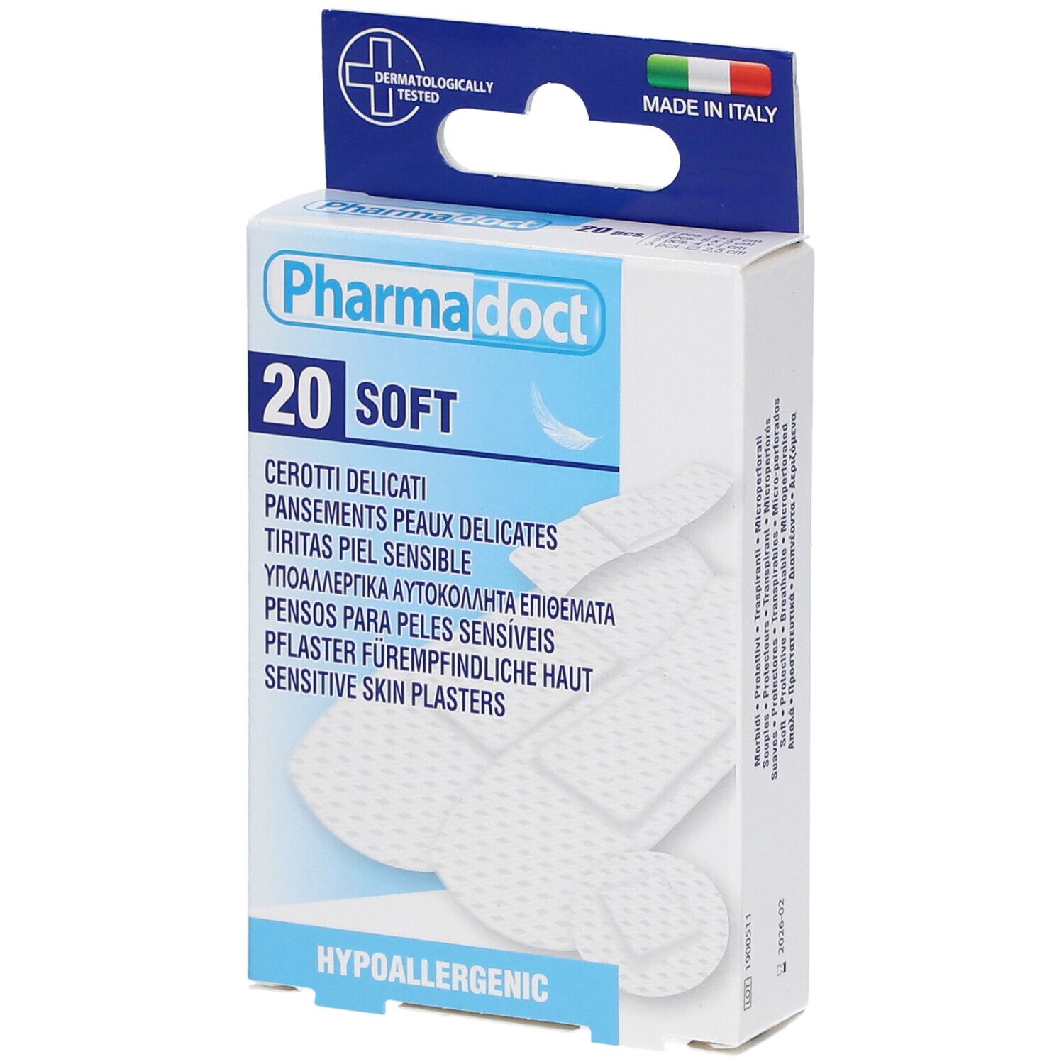 Boîte de pansements pour peaux délicates. Marque Pharmadoct, 20 pièces, doux et hypoallergéniques. Fabriqué en Italie.