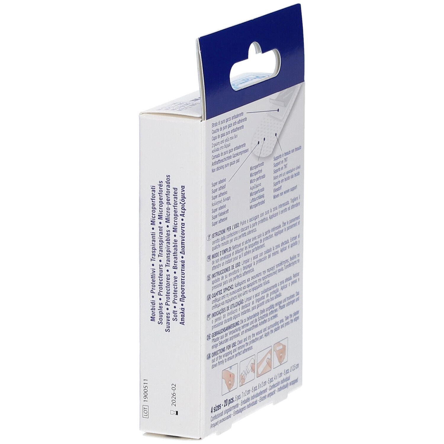 Vue latérale de la boîte de pansements. Texte multilingue. Informations sur les matériaux et les caractéristiques. Hypoallergénique.