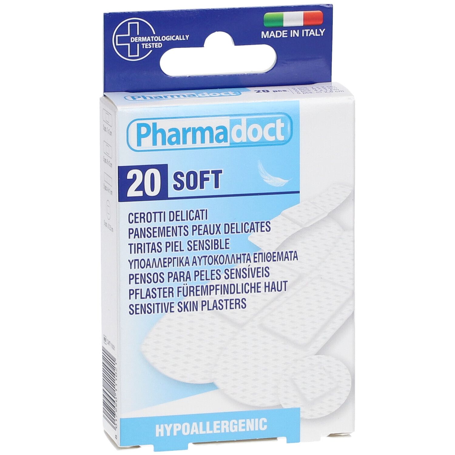 Boîte de pansements pour peaux délicates. Marque Pharmadoct, 20 pièces, doux et hypoallergéniques. Fabriqué en Italie.