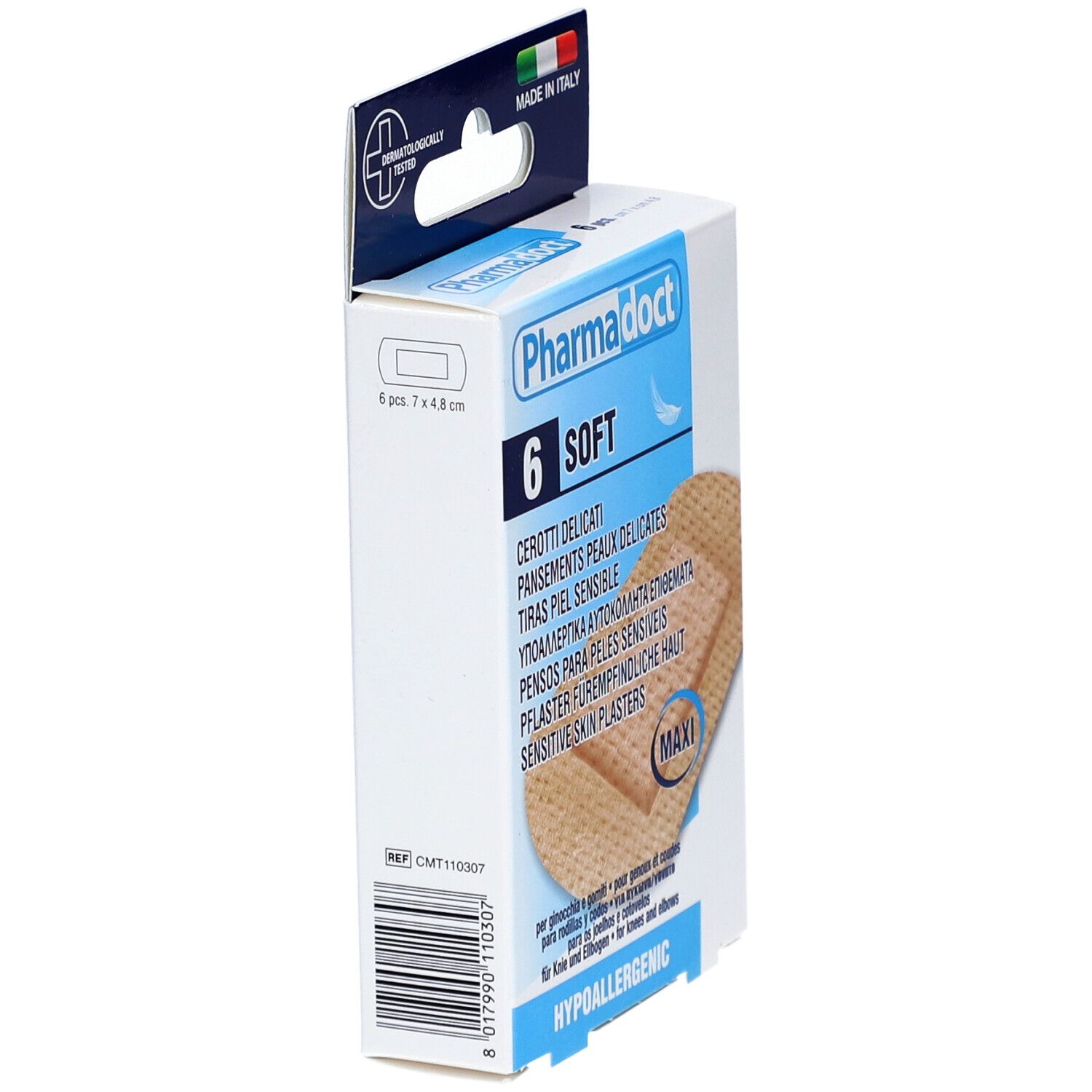 Boîte de pansements Pharmadoct pour peaux sensibles, 6 unités. Fabriqué en Italie. Avec crochet de suspension.