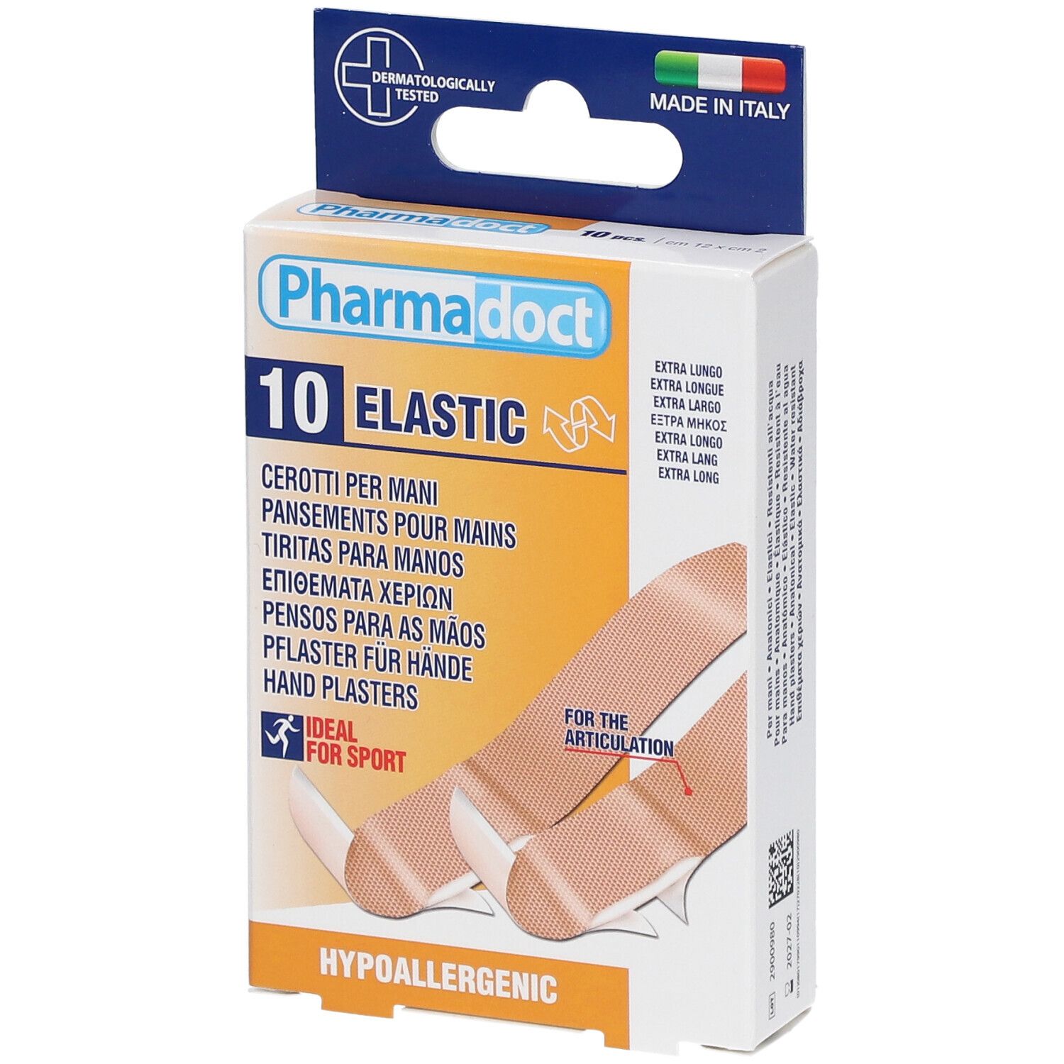 Boîte de 10 pansements élastiques pour doigts. Marque Pharmadoct, testé dermatologiquement, idéal pour le sport. Fabriqué en Italie.
