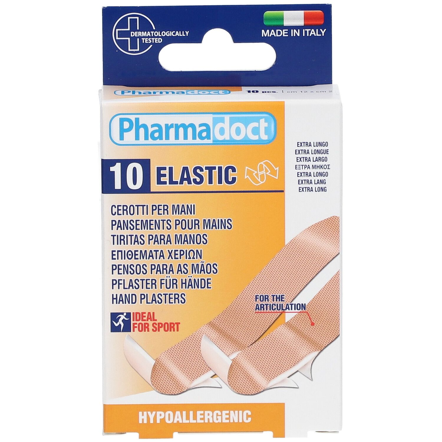 Vue de face de la boîte de 10 pansements élastiques. Marque Pharmadoct, testé dermatologiquement, idéal pour le sport. Fabriqué en Italie.