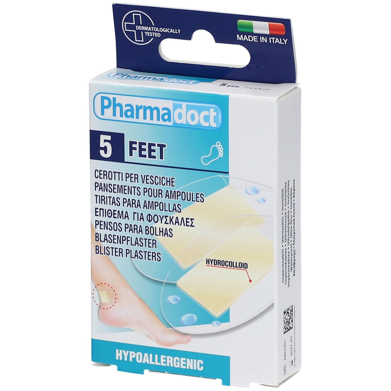 Verpakking van Pharmadoct Feet blarenpleisters. Bevat 5 stuks. Hydrocolloïde. Dermatologisch getest. Gemaakt in Italië.