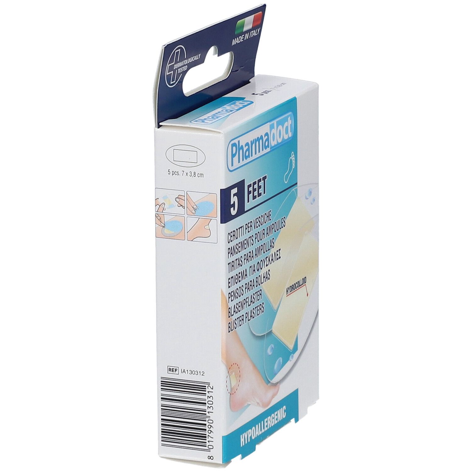 Zijaanzicht van de verpakking van Pharmadoct Feet blarenpleisters. Bevat 5 stuks. Hydrocolloïde. Hypoallergeen.