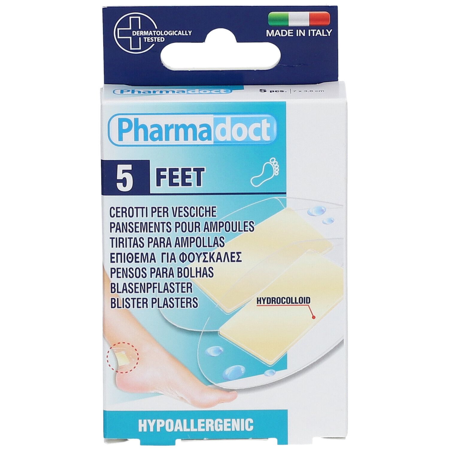 Verpakking van Pharmadoct Feet blarenpleisters. Bevat 5 stuks. Hydrocolloïde. Dermatologisch getest. Gemaakt in Italië.