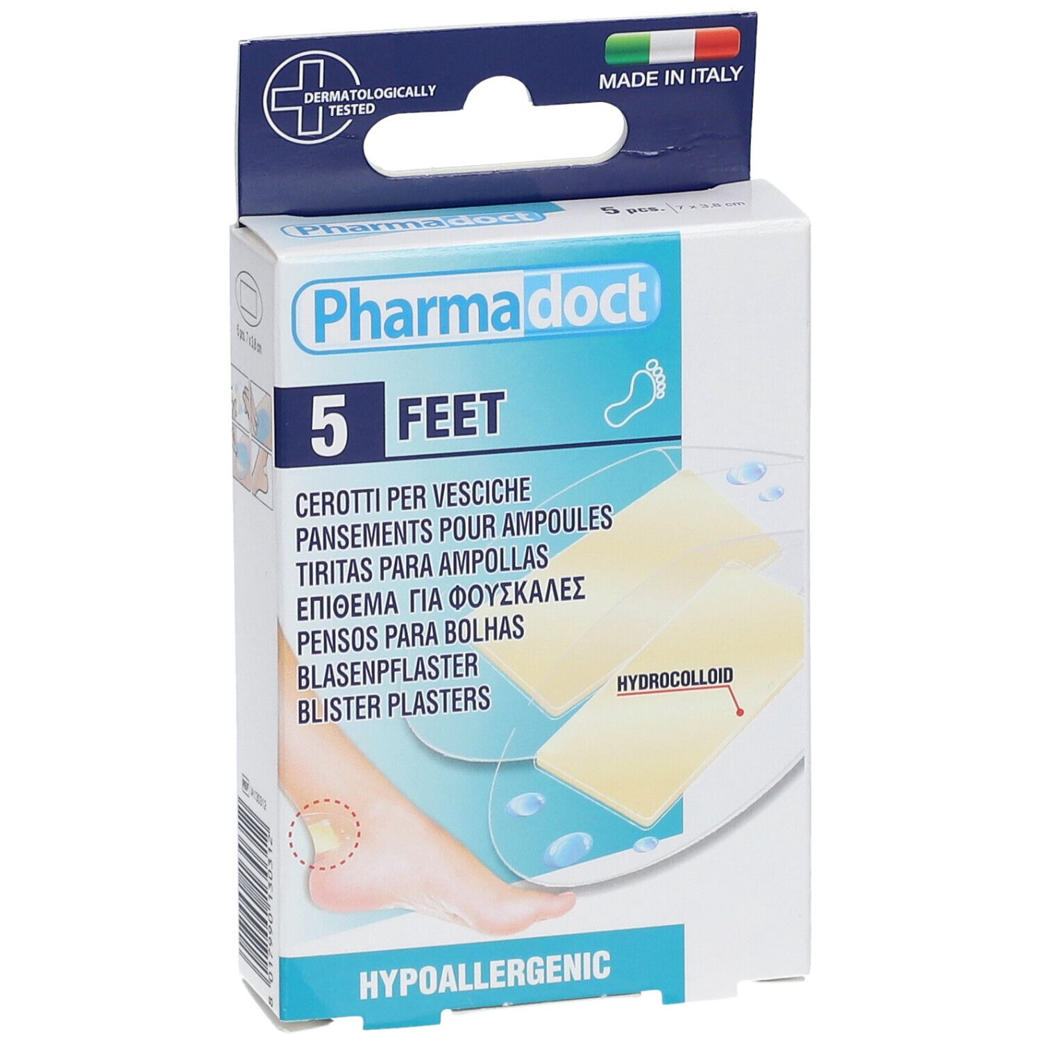 Verpakking van Pharmadoct Feet blarenpleisters. Bevat 5 stuks. Hydrocolloïde. Dermatologisch getest. Gemaakt in Italië.
