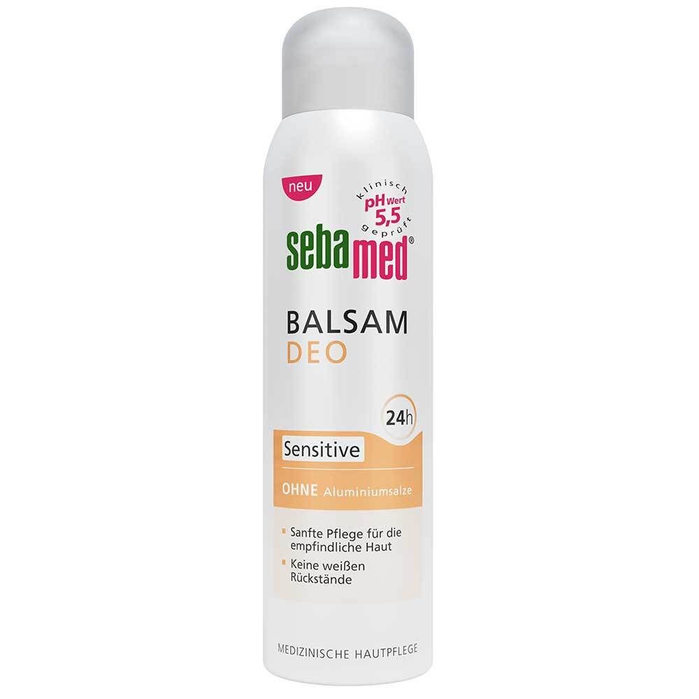 Sebamed Balsam Deo Sensitive. Flacon blanc avec bouchon blanc. Logo rose, texte: pH 5,5, 24h.