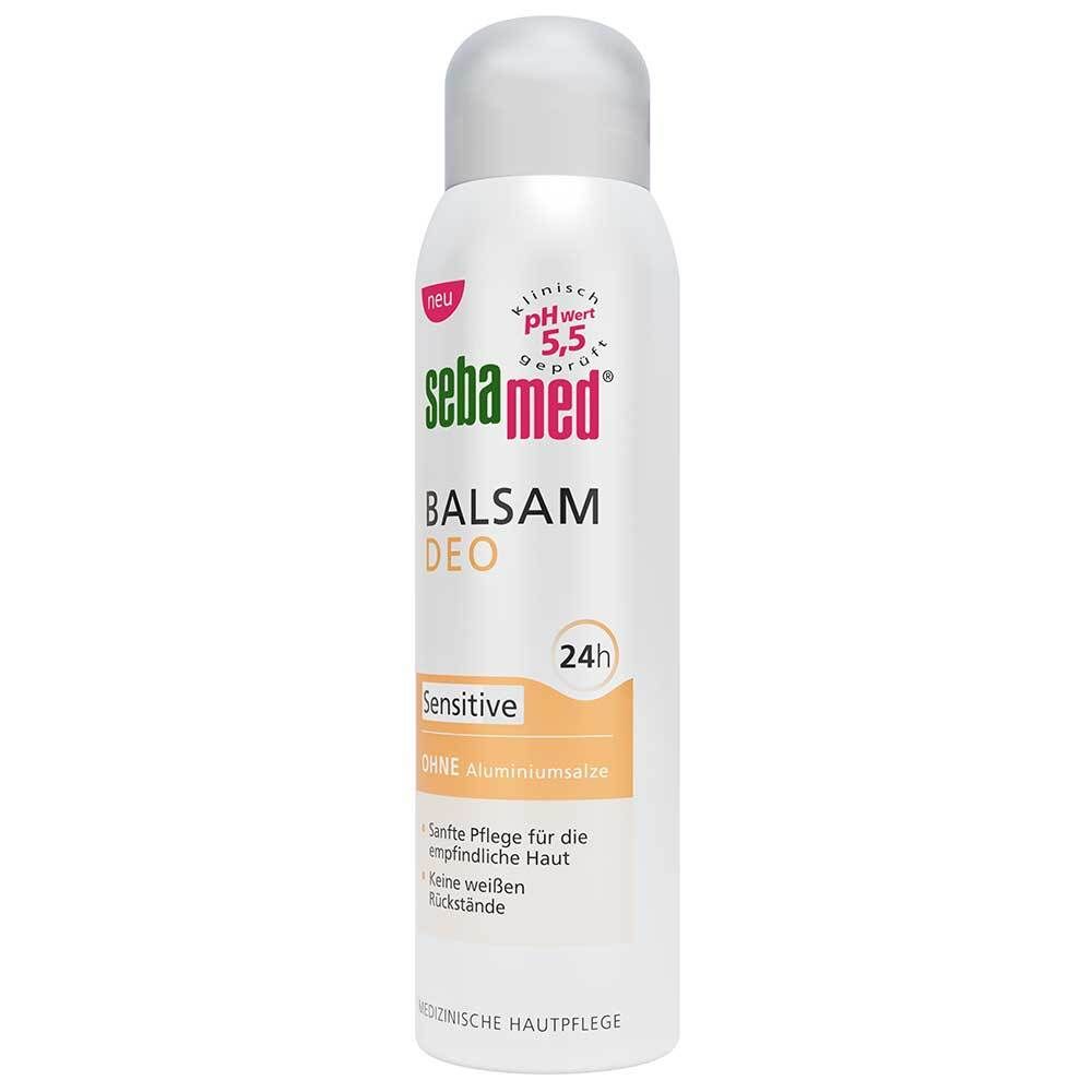 Sebamed Balsam Deo Sensitive. Flacon blanc avec bouchon blanc. Dos avec texte et ingrédients.