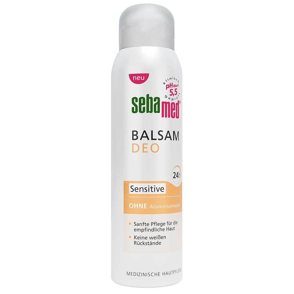 Sebamed Balsam Deo Sensitive. Flacon blanc avec bouchon blanc. Logo rose, texte: pH 5,5, 24h.