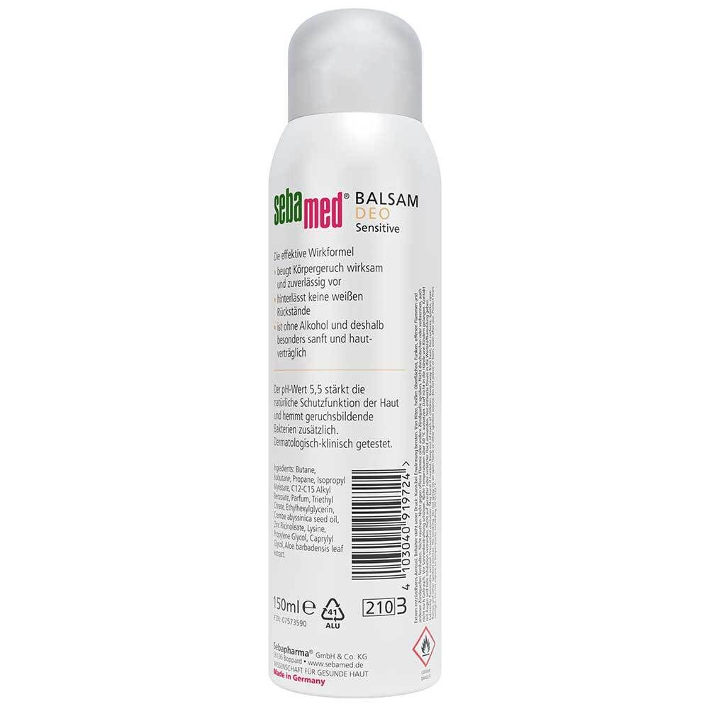 Sebamed Balsam Deo Sensitive. Flacon blanc avec bouchon blanc. Dos avec texte et ingrédients.
