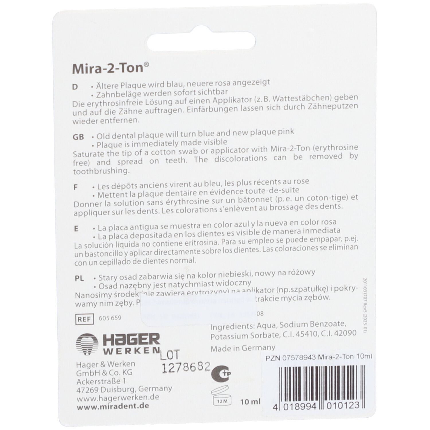 Dos de l'emballage de Miradent Mira-2-Ton®. Informations textuelles multilingues. Ingrédients et informations fabricant. Flacon de 10 ml.