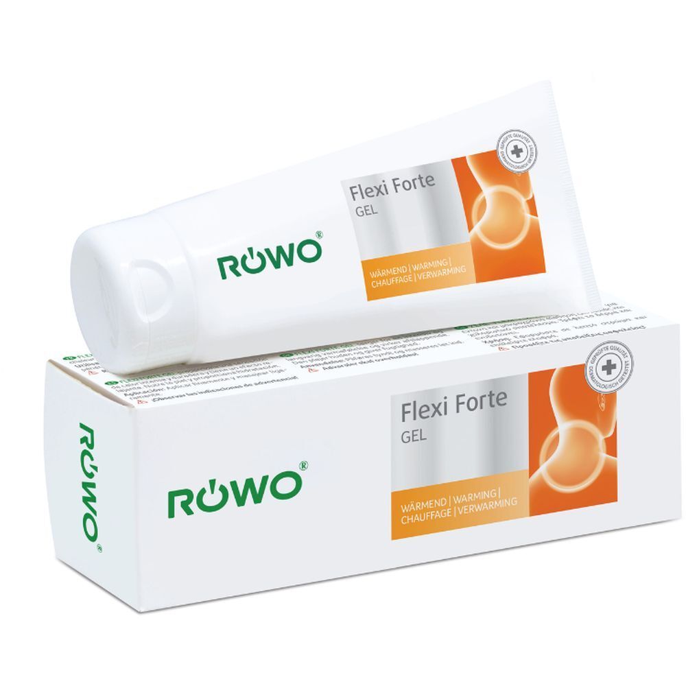 Tube et boîte Röwo Flexi Forte Gel avec des cercles orange.