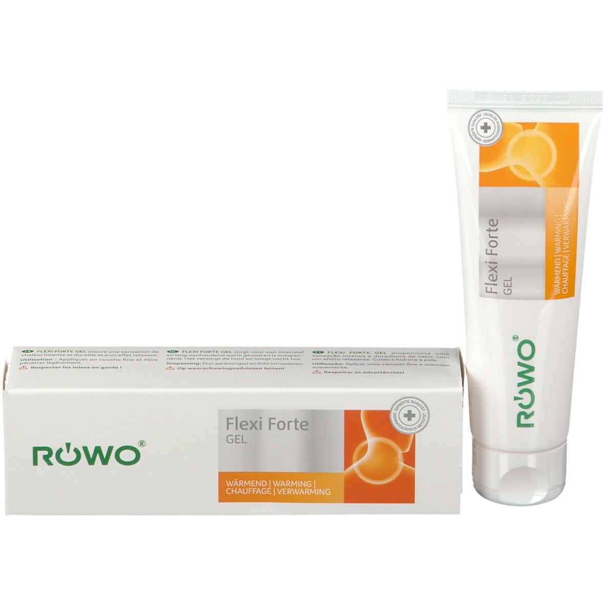 Tube et boîte de Flexi Forte Gel. Emballage blanc avec design orange et logo vert. Nom du produit visible.