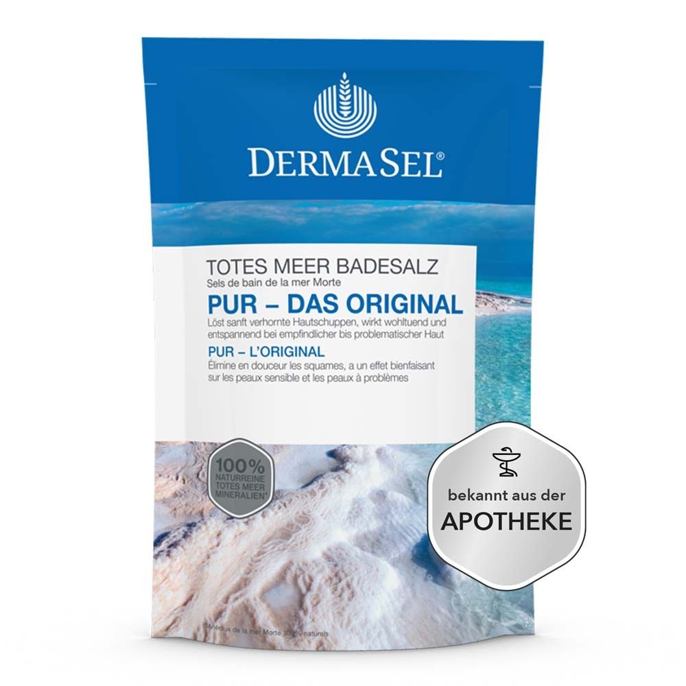 DERMASEL® Pur Sel de bain de la mer Morte en sachet. Texte: PUR - L'ORIGINAL. Logo pharmacie et 100% minéraux de la mer Morte.