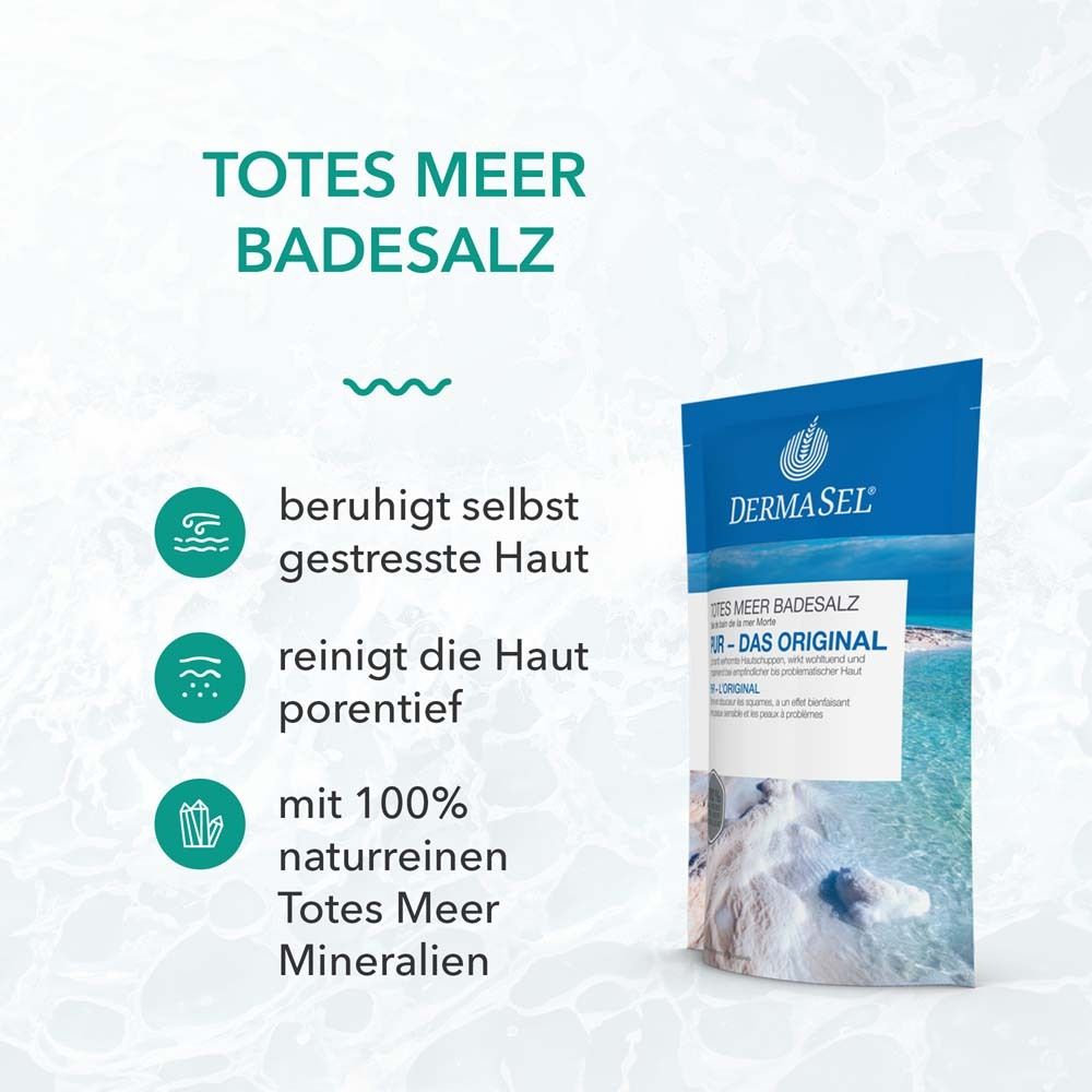 Visuel du produit DERMASEL® Pur Sel de bain de la mer Morte. Texte: apaise la peau stressée, nettoie la peau en profondeur, 100% minéraux naturels.