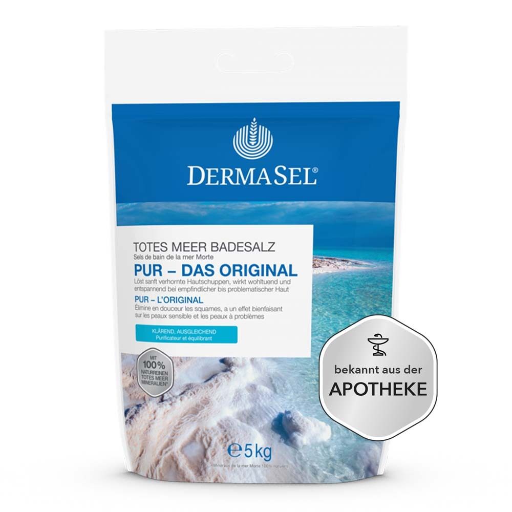Verpakking DERMASEL® Totes Meer Badesalz Pur. Witblauwe verpakking met productnaam en logo. Apotheekzegel.