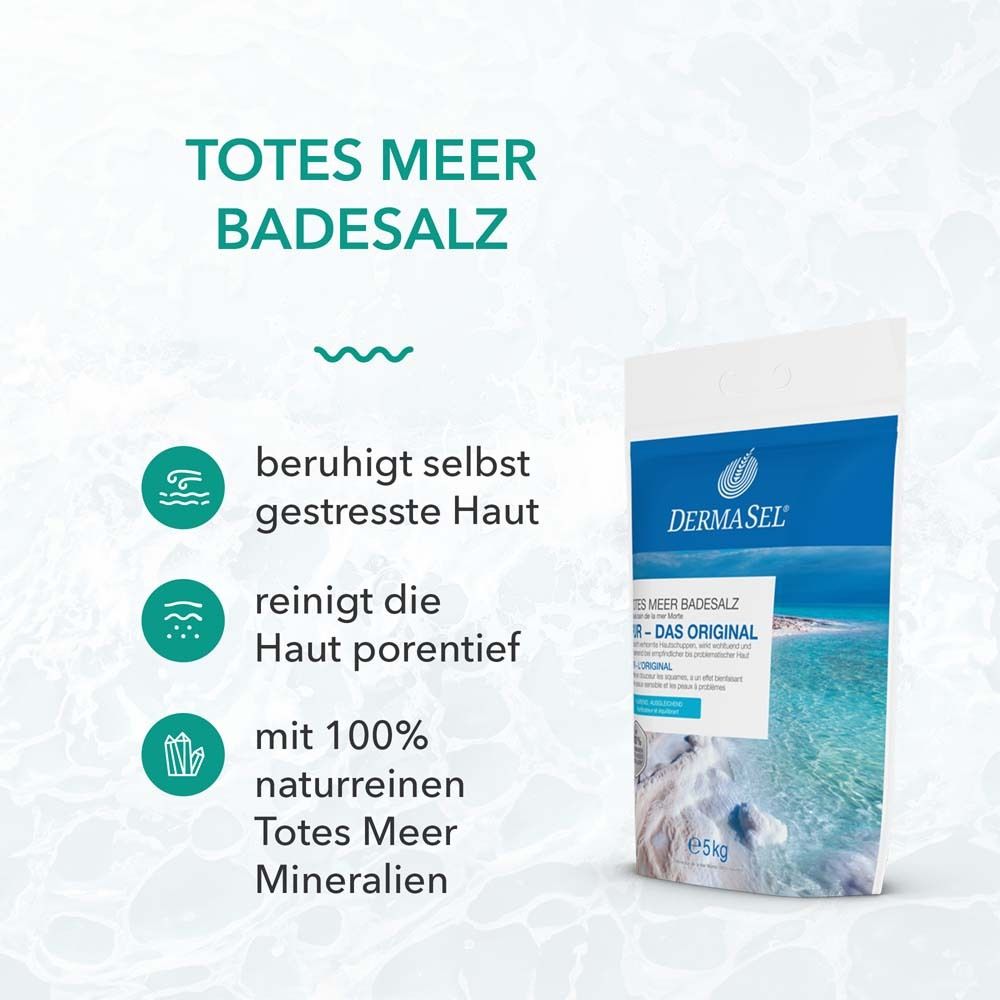 Afbeelding met tekst: kalmeert de gestreste huid, reinigt de huid diep, met 100% natuurlijke Dode Zee mineralen. Productverpakking.