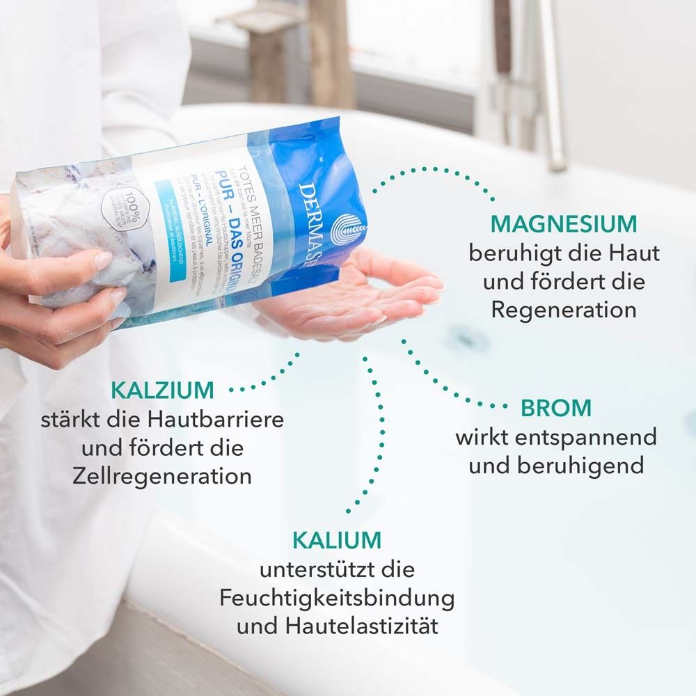 Persoon die badzout in badwater strooit. Tekst: Magnesium kalmeert de huid, calcium versterkt de huidbarrière, kalium ondersteunt hydratatie.