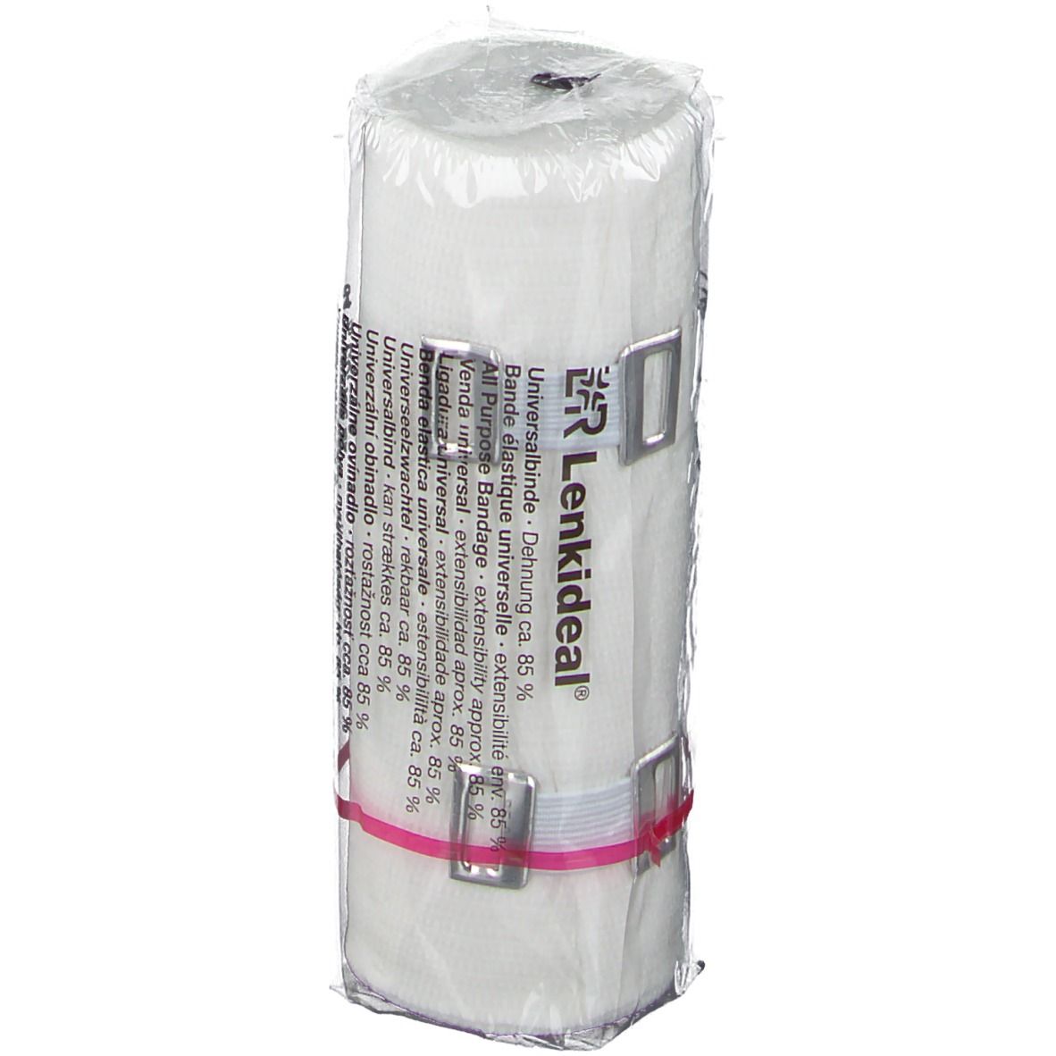 Bande élastique universelle blanche, emballée dans du film plastique. Fixée avec des clips métalliques et un élastique rose. Inscription : Lenkideal.