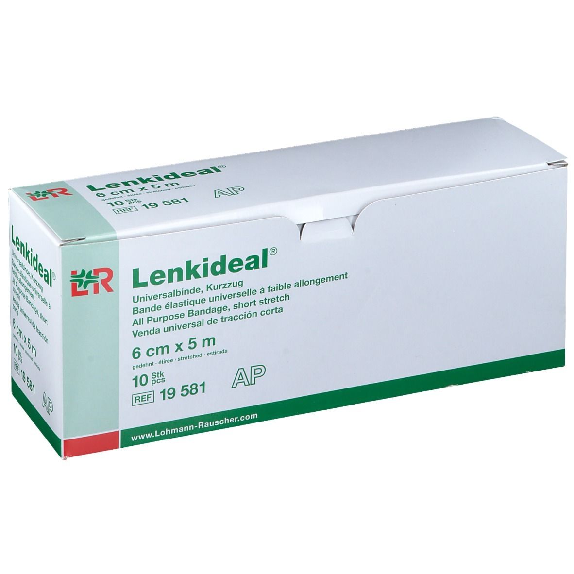 Verpakking Lenkideal® Idealbinde, 6 cm x 5 m. Wit met groene accenten. Productnaam en details duidelijk zichtbaar.