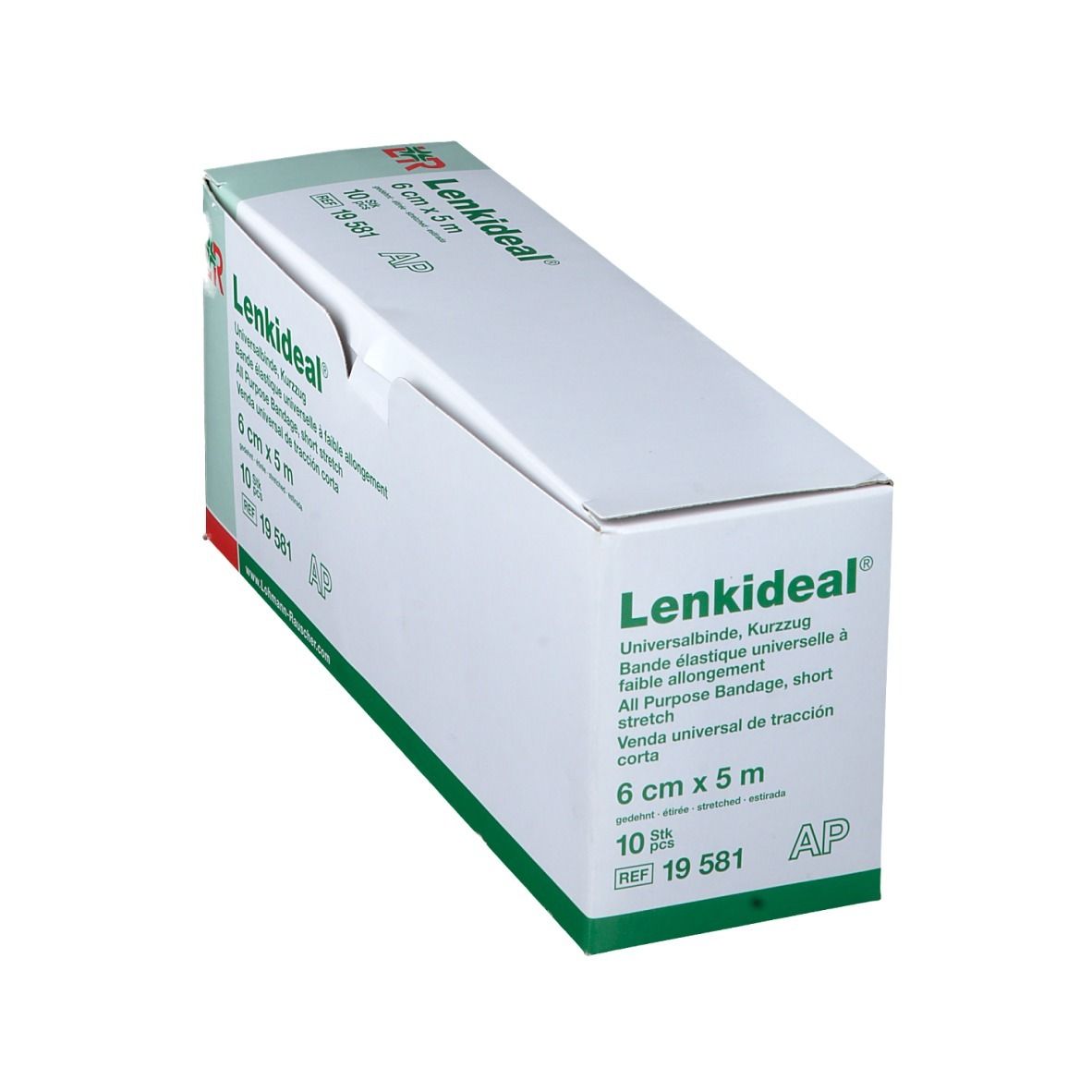 Schuin geplaatste verpakking Lenkideal® Idealbinde, 6 cm x 5 m. Wit met groene details. Productnaam zichtbaar.