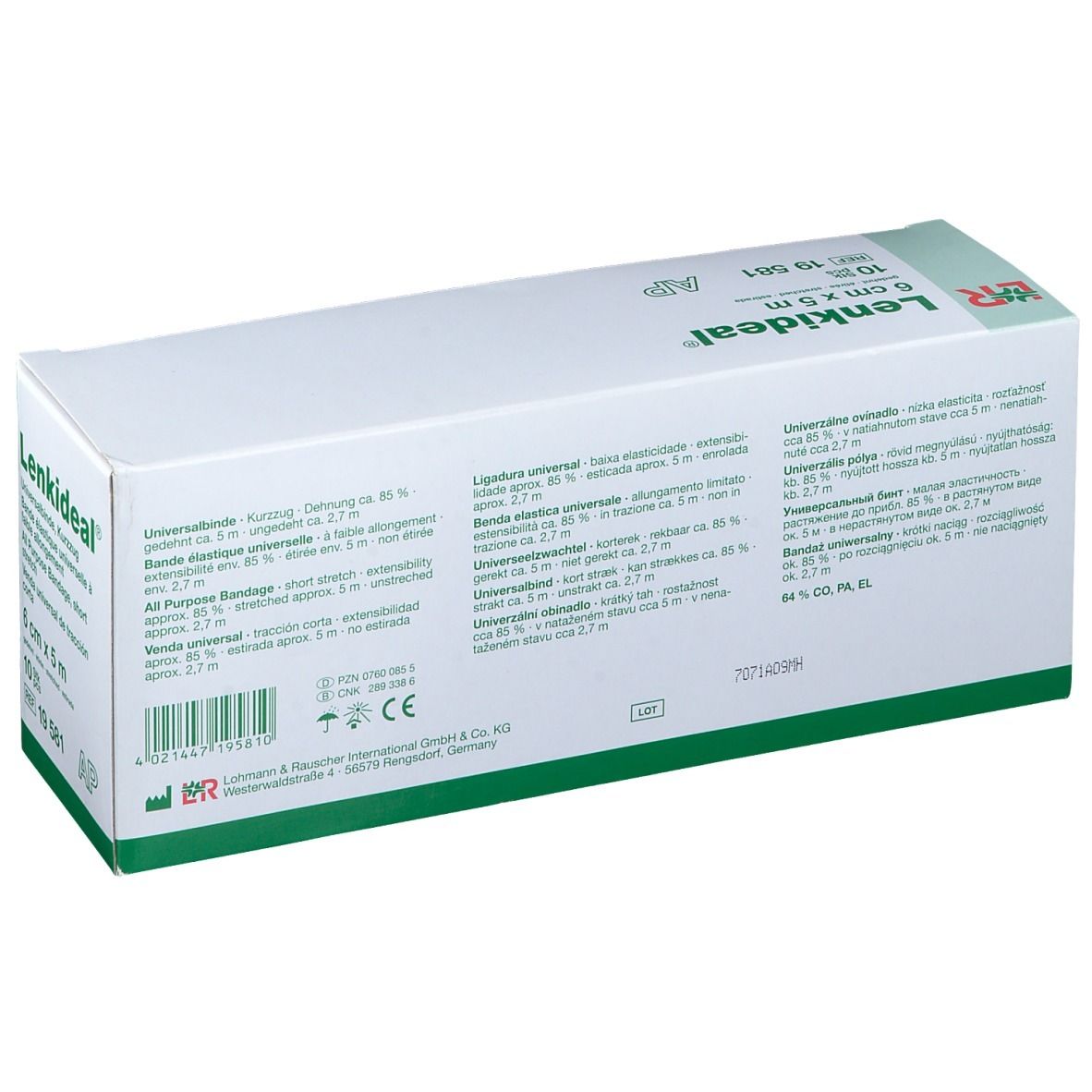 Verpakking Lenkideal® Idealbinde, 6 cm x 5 m. Meertalige productinformatie op witte achtergrond.