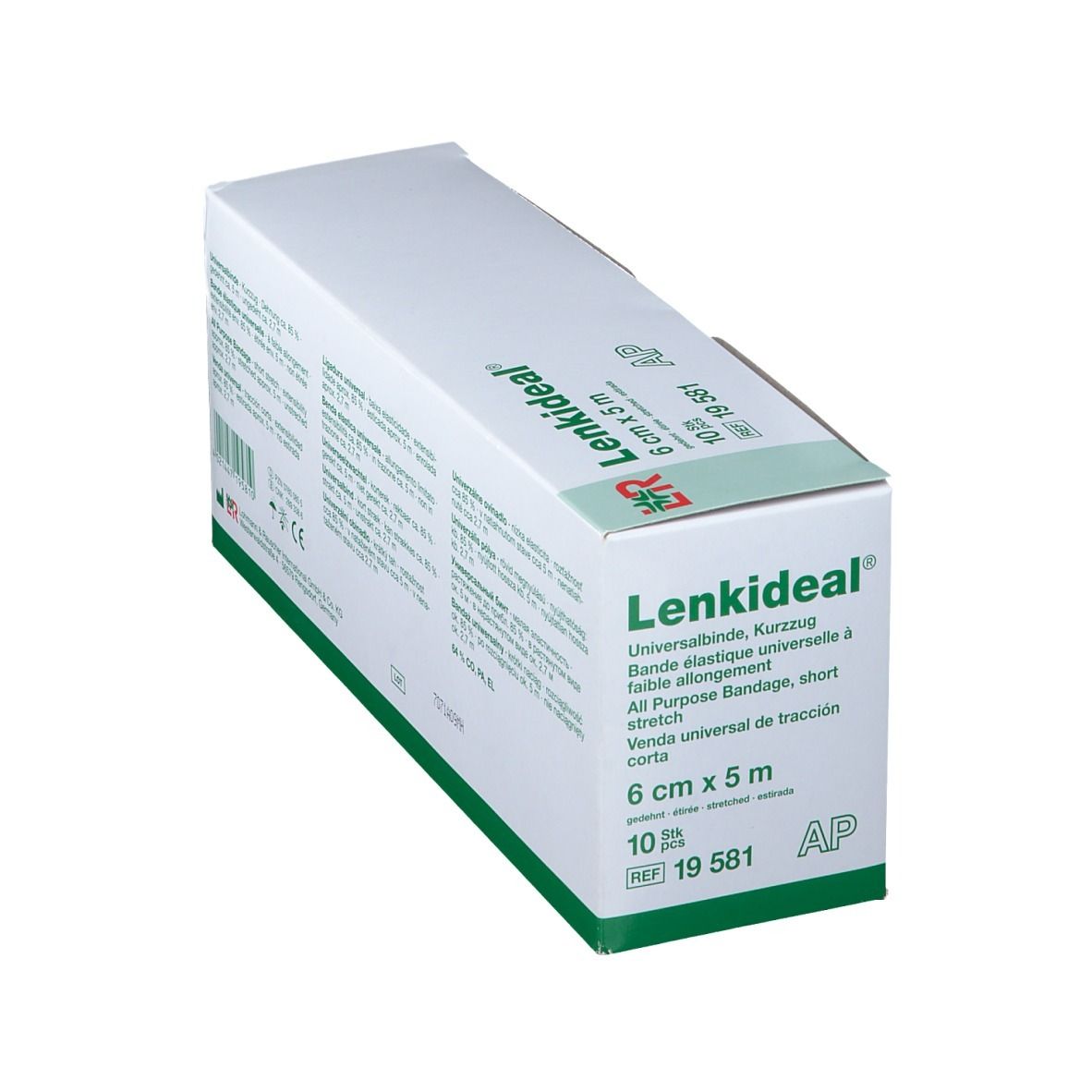 Schuin geplaatste verpakking Lenkideal® Idealbinde, 6 cm x 5 m. Wit met groene details. Productnaam zichtbaar.