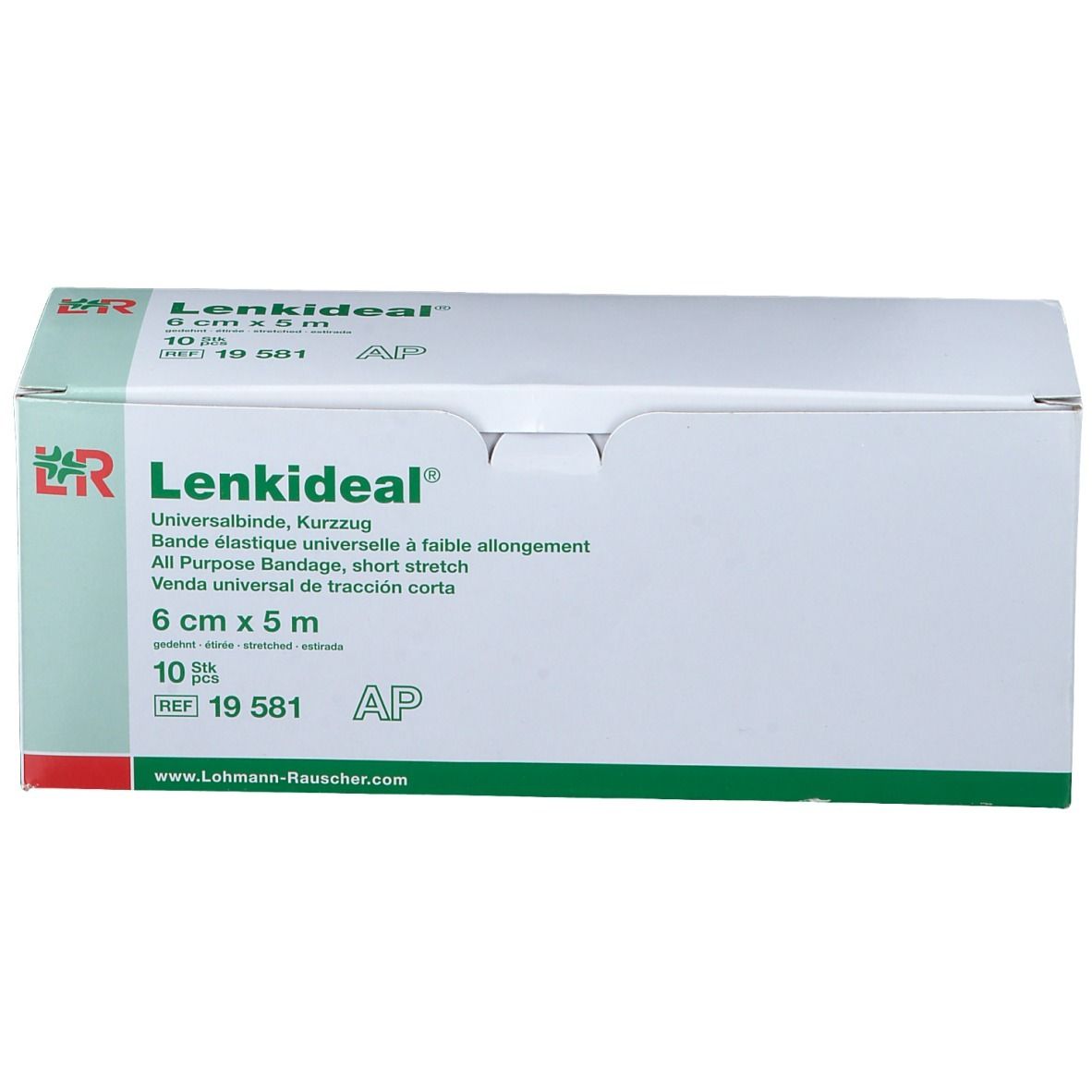 Verpakking Lenkideal® Idealbinde, 6 cm x 5 m. Wit met groene accenten. Productnaam en details duidelijk zichtbaar.