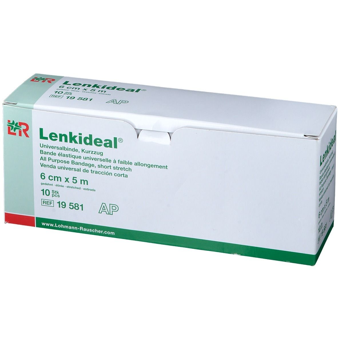 Verpakking Lenkideal® Idealbinde, 6 cm x 5 m. Wit met groene accenten. Productnaam en details duidelijk zichtbaar.