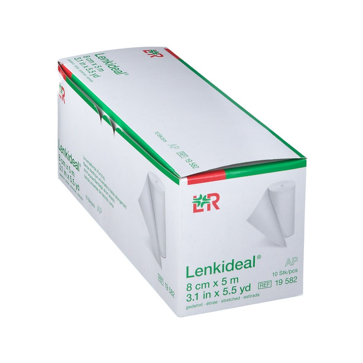 Boîte de Lenkideal® Idealbinde en biais. Carton blanc avec détails verts et rouges. Nom et dimensions du produit.