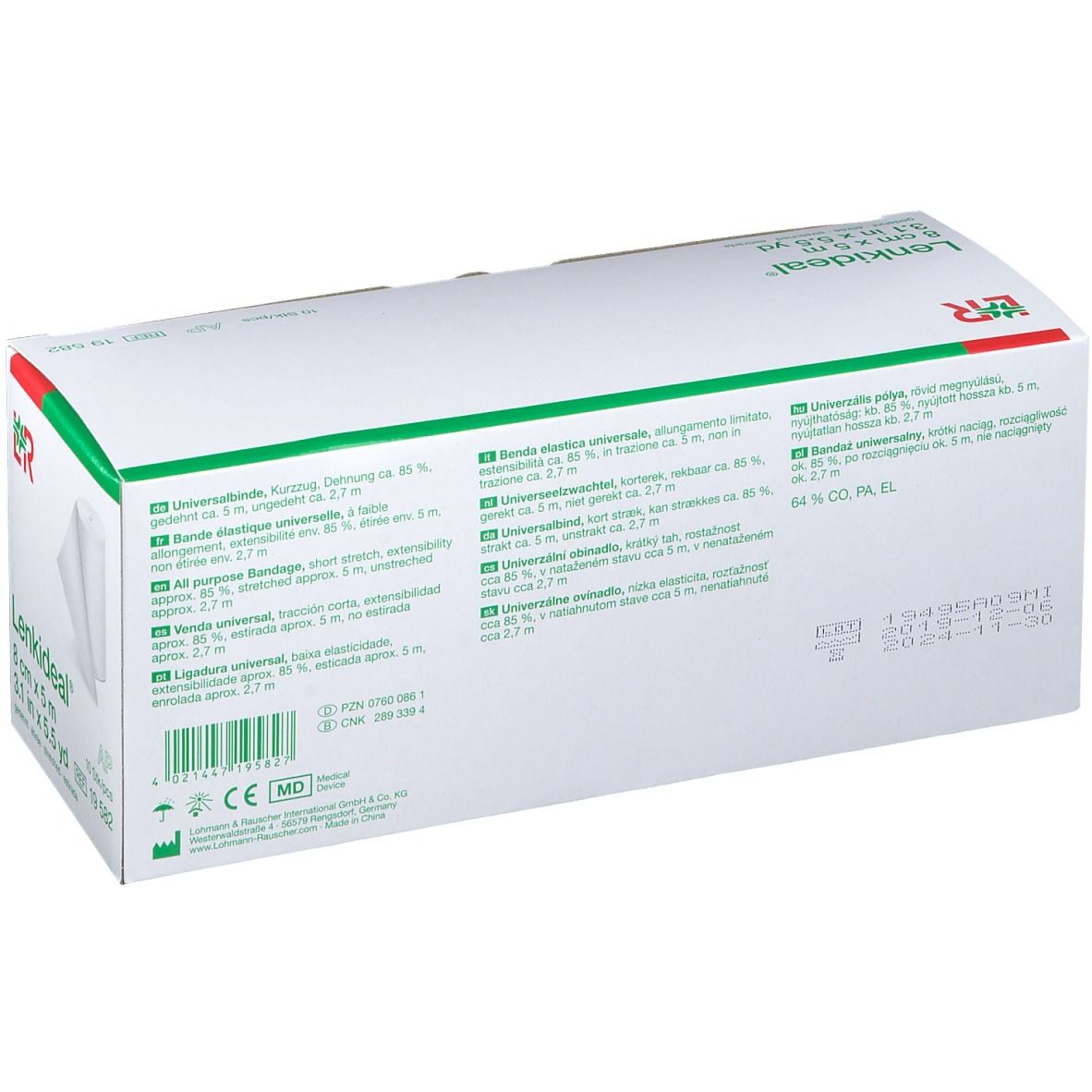 Dos de la boîte Lenkideal® Idealbinde. Informations produit multilingues. Code-barres et date de péremption.