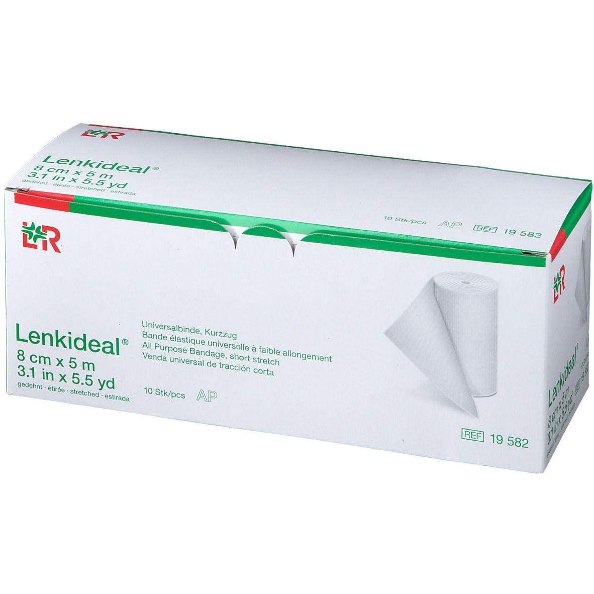 Boîte de Lenkideal® Idealbinde. Carton blanc avec accents verts et rouges. Nom du produit et dimensions visibles.