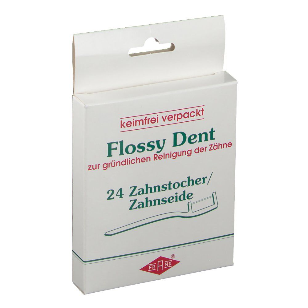 Witte verpakking met "Flossy Dent"-logo. Bevat 24 tandenstokers/flosdraad. Merk FRANK® onderaan.