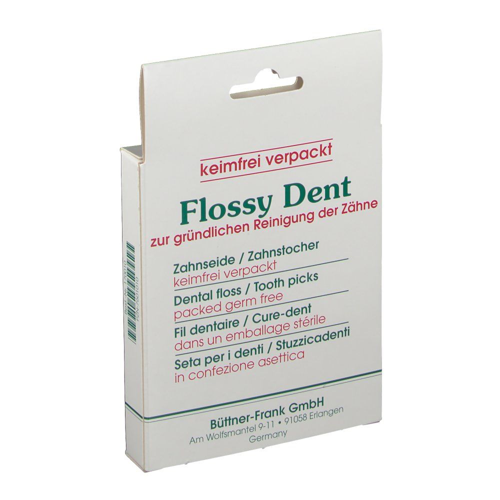 Witte verpakking met "Flossy Dent"-logo. Bevat 24 tandenstokers/flosdraad. Meertalige tekst.