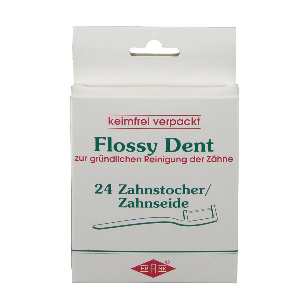 Witte verpakking met "Flossy Dent"-logo. Bevat 24 tandenstokers/flosdraad. Merk FRANK® onderaan.