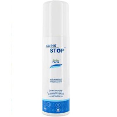 Sweat Stop Aloe Vera Forte Antiperspirant Spray. Flacon blanc avec des accents bleus.