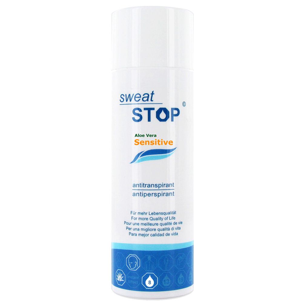 Spray antitranspirant SweatStop® Aloe Vera Sensitive blanc. Accents bleus et verts. Nom du produit et logo visibles.