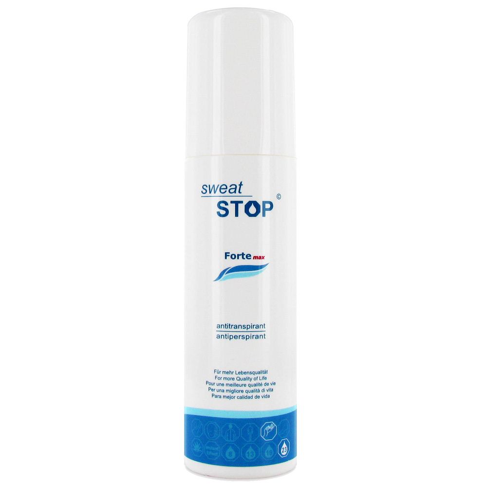 Spray blanc avec logo SweatStop et texte "Forte max". Indication antitranspirante. Couleurs bleu et blanc.