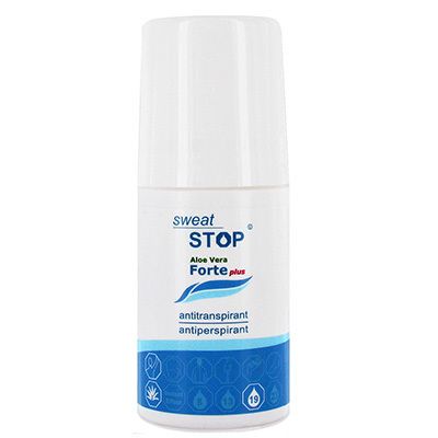Roll-on antitranspirant blanc. Inscriptions bleues et blanches: SweatStop, Aloe Vera Forte plus, antitranspirant.
