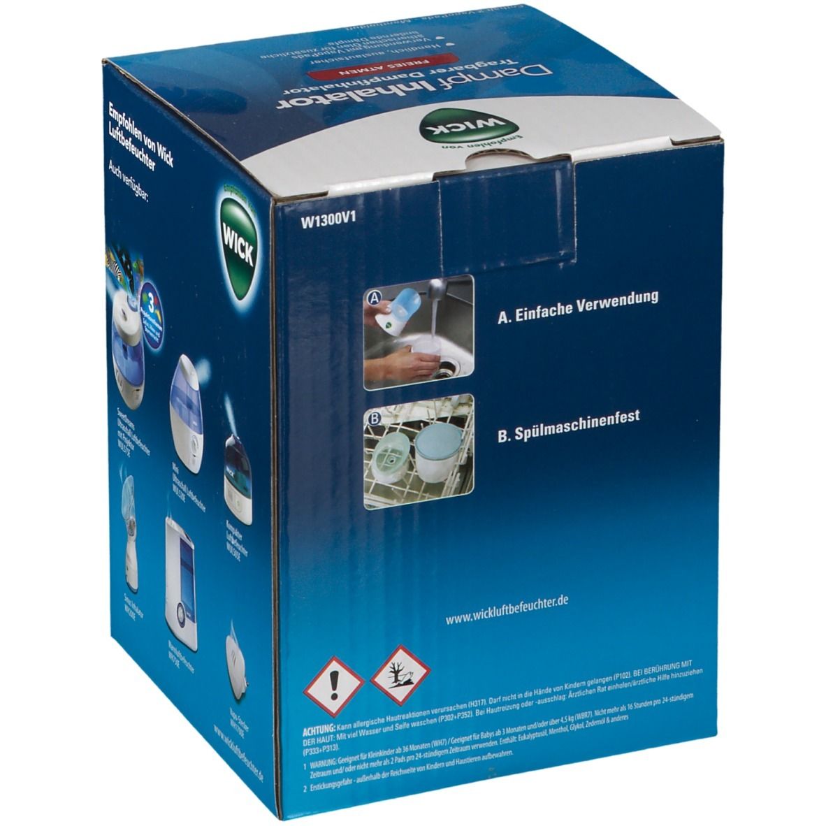 Vue latérale de l'emballage de l'inhalateur à vapeur WICK avec instructions d'application et caractéristiques du produit.