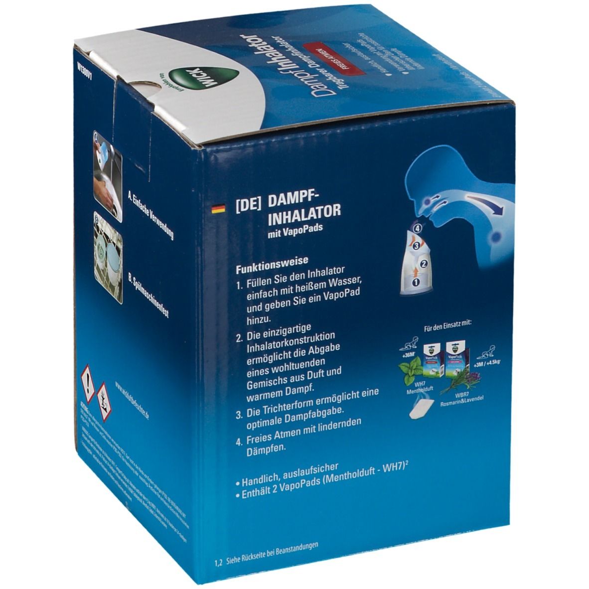 Vue détaillée de l'emballage de l'inhalateur à vapeur WICK avec étapes d'application et avantages du produit.