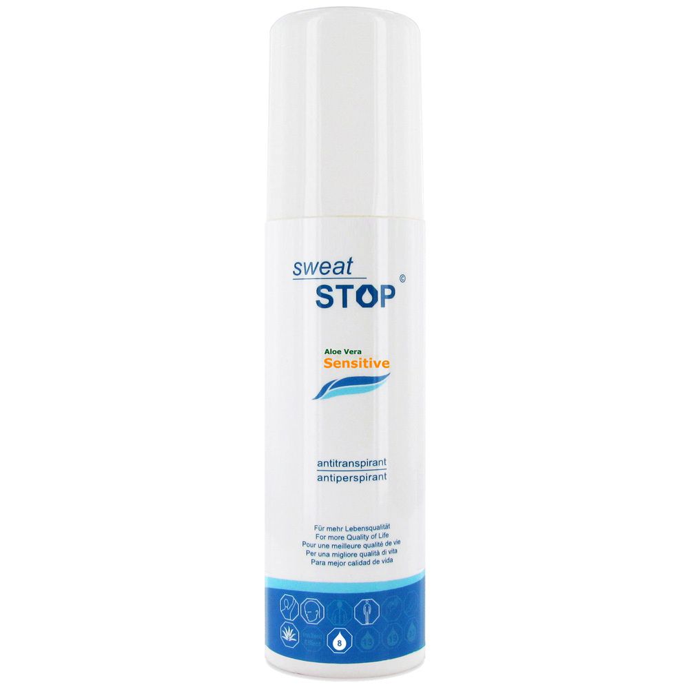 Witte spray met blauwe en gele tekst. Productnaam: SweatStop Aloe Vera Sensitive antitranspirant.