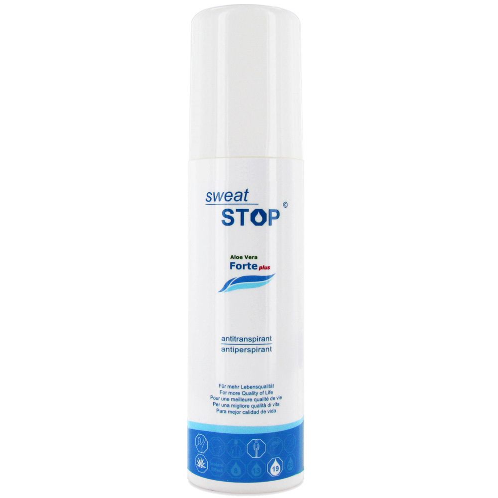 Witte spray met blauw en wit etiket. Opschrift: SweatStop Aloe Vera Forte plus. Antiperspirant.