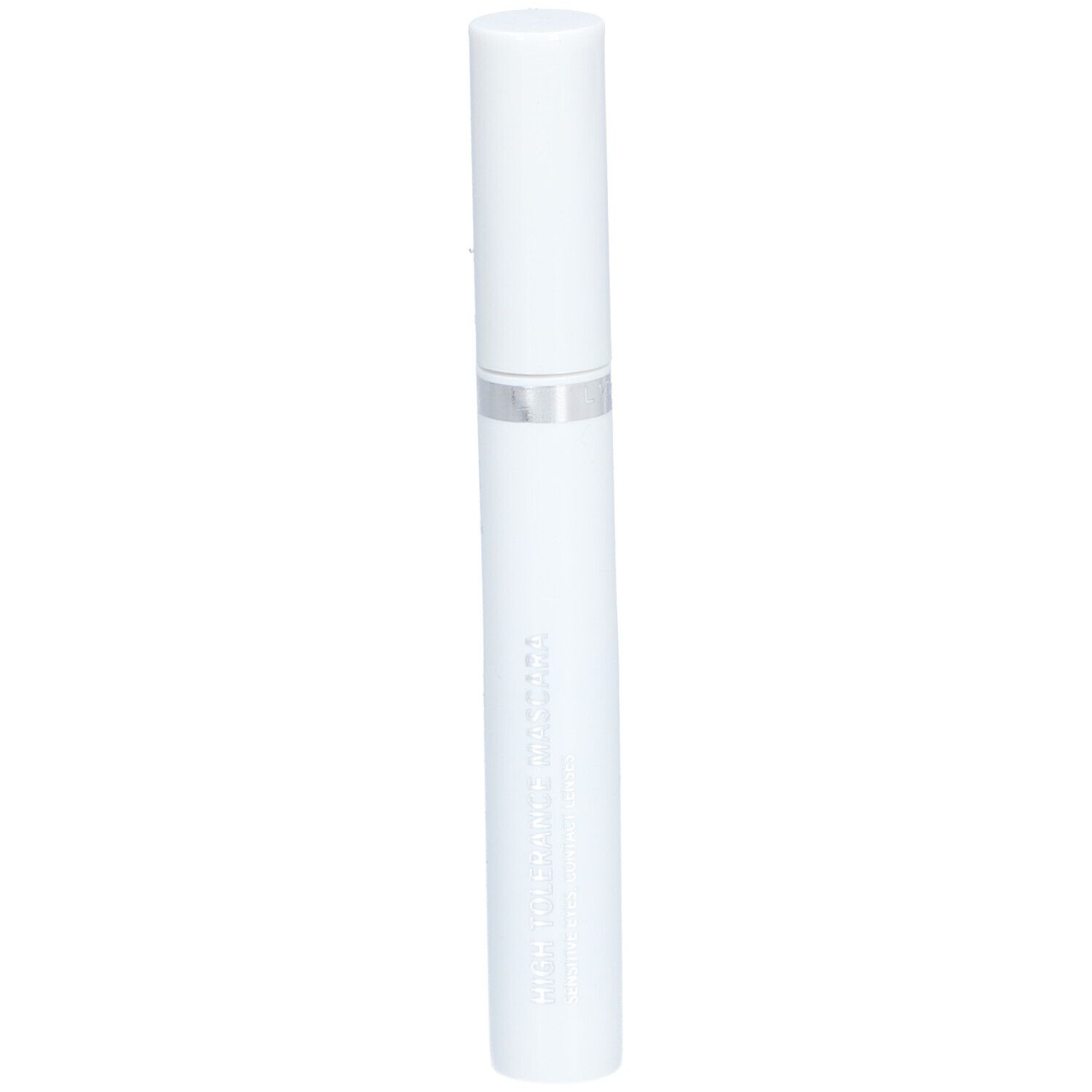 Tube de mascara blanc avec bague argentée. Le bouchon et le tube sont cylindriques. Aucun autre détail visible.