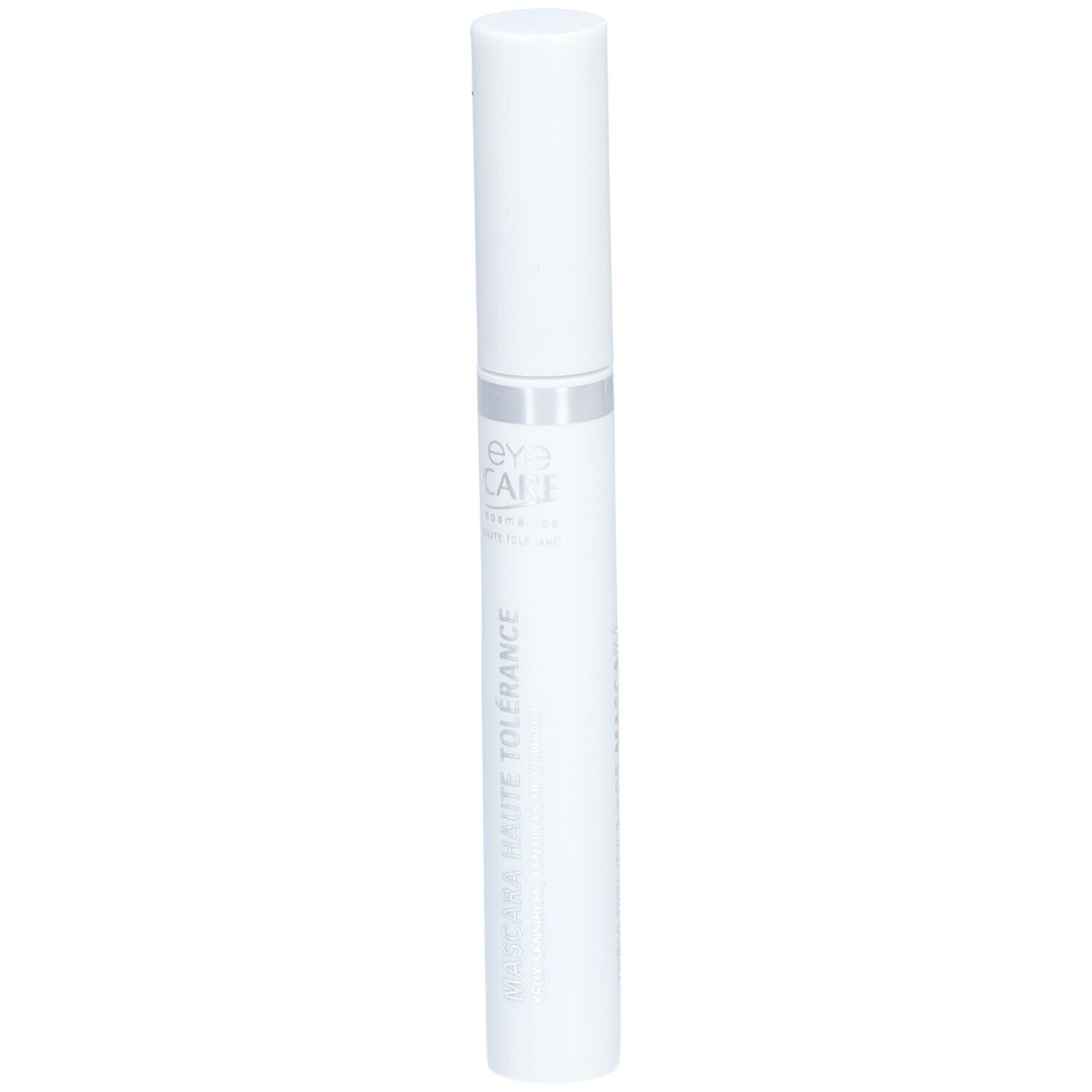 Tube de mascara blanc avec bague argentée. Inscription : Eye Care Haute Tolérance Mascara. Forme cylindrique.