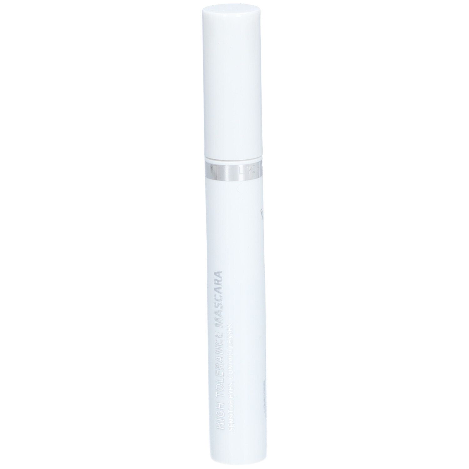 Tube de mascara blanc avec bague argentée. Inscription : Eye Care Haute Tolérance Mascara. Forme cylindrique.