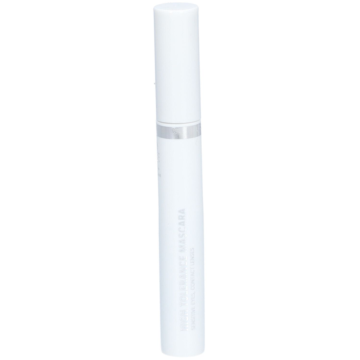 Tube de mascara blanc avec bague argentée. Inscription : Eye Care Haute Tolérance Mascara. Forme cylindrique.