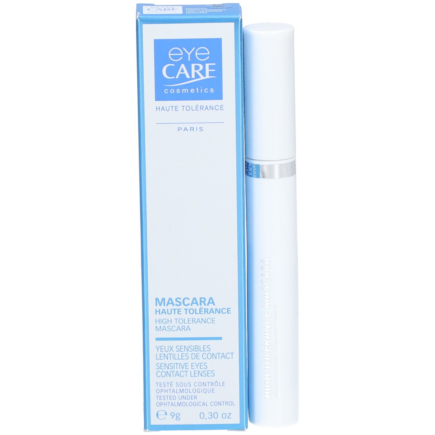 Mascara blanc avec emballage. Emballage bleu et blanc avec nom et détails du produit. Mascara à côté.