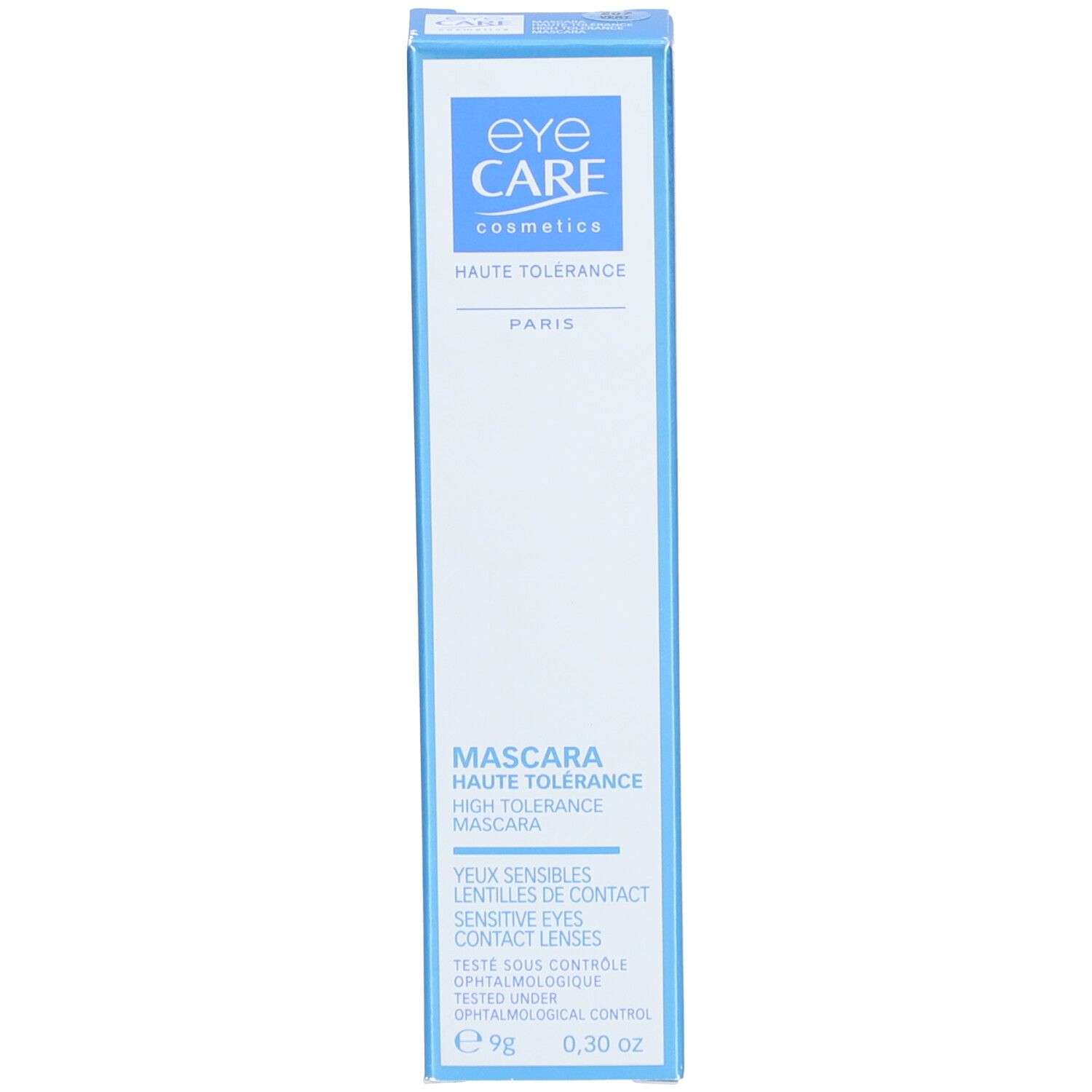 Emballage bleu et blanc. Inscription : Eye Care Haute Tolérance Mascara. Informations et détails du produit.